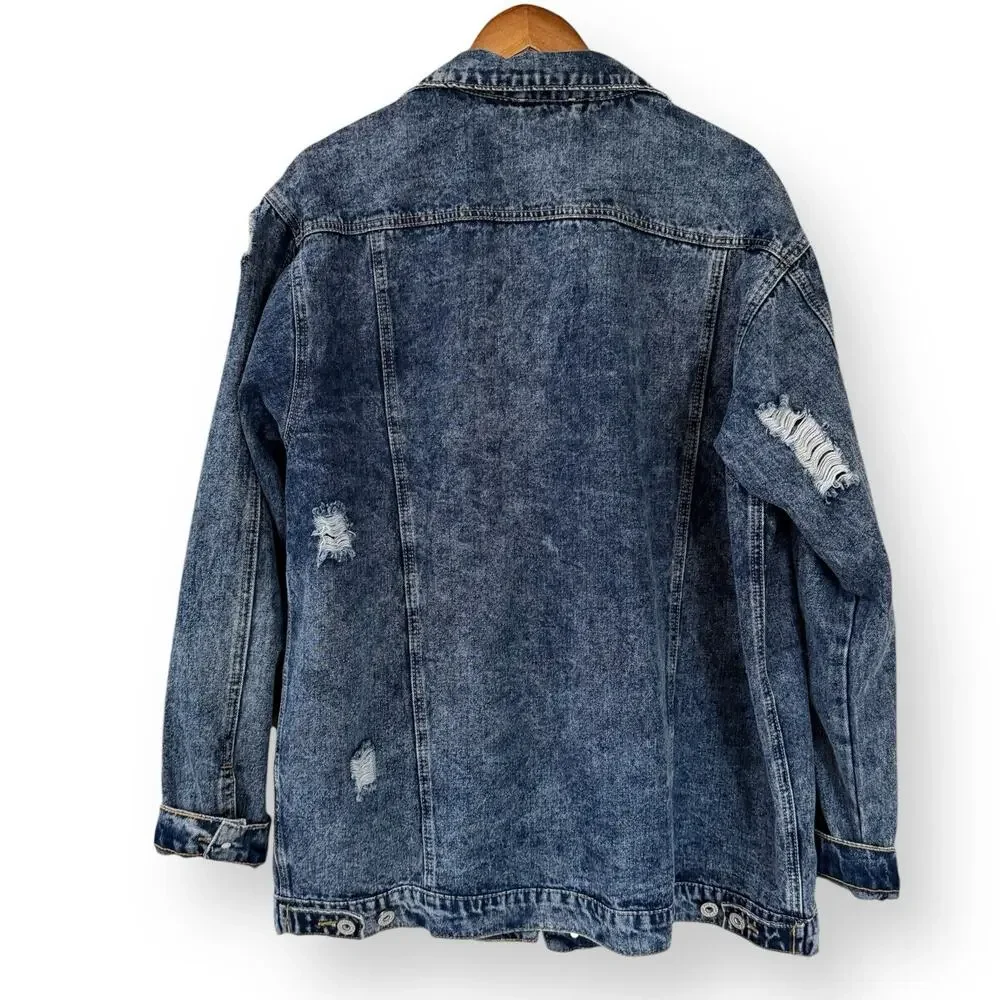 Umgee Womens Denim Jacket XL Distressed Blue Jean Trucker Button Front Cotton